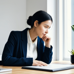 A professional female creative director, fully clothed in a modest, dark professional blazer over a light blouse. She is seated at a sleek, minimalist wooden desk, gently resting her chin on her hand in a natural, thoughtful pose, gazing at a large, modern monitor displaying a digital portfolio with various creative projects. Her well-formed hands and proper finger count are visible. The background is a blurred, bright, contemporary studio space with soft natural light coming from a large window, suggesting a clean and inspiring workspace. A few subtle design tools (e.g., a tablet, a sketchpad) are on the desk, not prominent. Perfect anatomy, correct proportions, professional photography, soft focus, high resolution, film grain, subtle colors, safe for work, appropriate content, modest clothing, family-friendly.