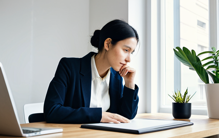 A professional female creative director, fully clothed in a modest, dark professional blazer over a light blouse. She is seated at a sleek, minimalist wooden desk, gently resting her chin on her hand in a natural, thoughtful pose, gazing at a large, modern monitor displaying a digital portfolio with various creative projects. Her well-formed hands and proper finger count are visible. The background is a blurred, bright, contemporary studio space with soft natural light coming from a large window, suggesting a clean and inspiring workspace. A few subtle design tools (e.g., a tablet, a sketchpad) are on the desk, not prominent. Perfect anatomy, correct proportions, professional photography, soft focus, high resolution, film grain, subtle colors, safe for work, appropriate content, modest clothing, family-friendly.