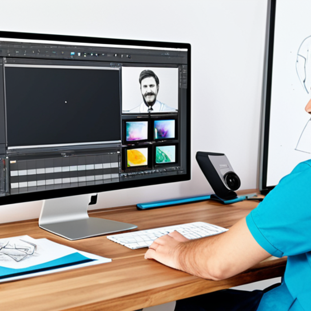 포트폴리오 경력 디자인에서의 브랜드 아이덴티티 - "A professional graphic designer showcasing a digital portfolio on a large monitor, surrounded by de...