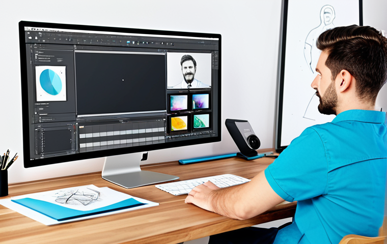 포트폴리오 경력 디자인에서의 브랜드 아이덴티티 - "A professional graphic designer showcasing a digital portfolio on a large monitor, surrounded by de...