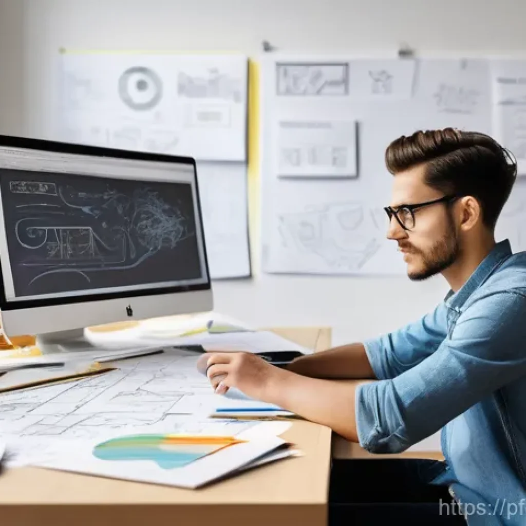 포트폴리오 경력 디자인을 위한 창의적 프로세스 - A focused, gender-neutral designer, mid-twenties, sitting at a modern, clean desk in a brightly lit ...