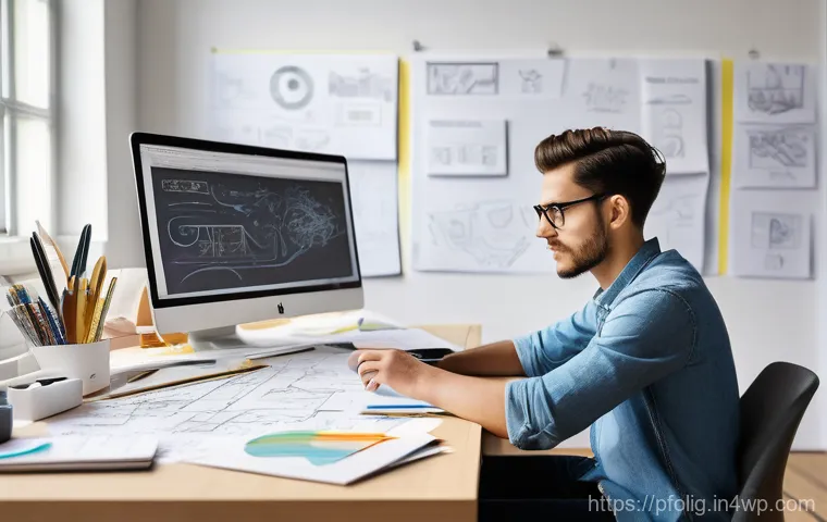 포트폴리오 경력 디자인을 위한 창의적 프로세스 - A focused, gender-neutral designer, mid-twenties, sitting at a modern, clean desk in a brightly lit ...