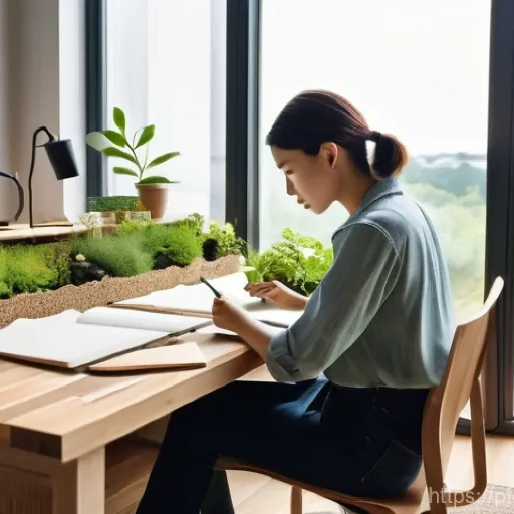 포트폴리오 경력 디자인의 지속 가능성 - **Prompt 1: A Visionary Designer's Sustainable Studio**
A modern, brightly lit design studio wit...