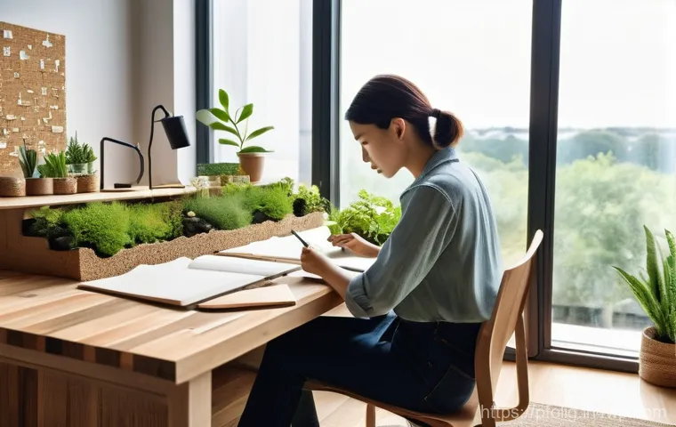 포트폴리오 경력 디자인의 지속 가능성 - **Prompt 1: A Visionary Designer's Sustainable Studio**
A modern, brightly lit design studio wit...