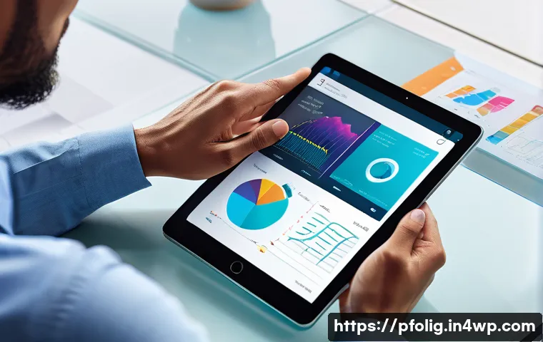 효과적인 포트폴리오 경력 디자인을 위한 트렌드 분석 - A vibrant and modern digital portfolio displayed on a sleek, translucent tablet, showcasing an intri...