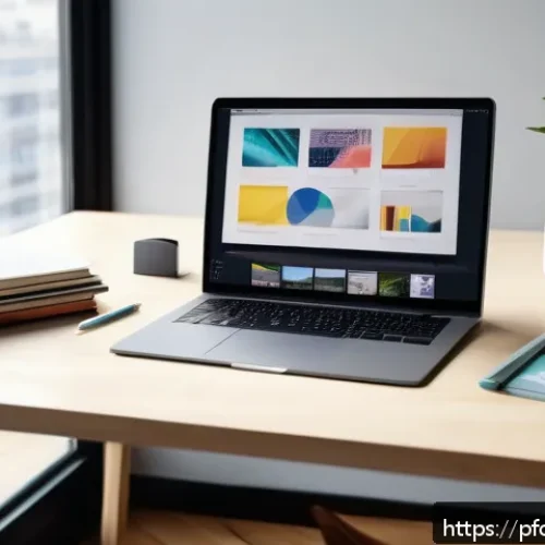Home 27 초보자를 위한 포트폴리오 경력 디자인 가이드 - A young graphic designer’s modern workspace featuring a sleek laptop displaying a colorful digital p...