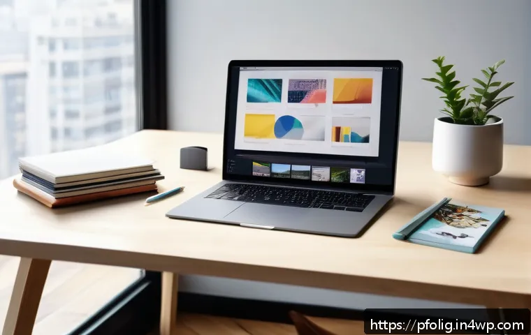 초보자를 위한 포트폴리오 경력 디자인 가이드 - A young graphic designer’s modern workspace featuring a sleek laptop displaying a colorful digital p...