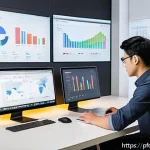 Home 16 포트폴리오 경력 디자인의 성공 사례 분석 - A modern workspace scene showing a young UI/UX designer analyzing data on multiple screens, includin...