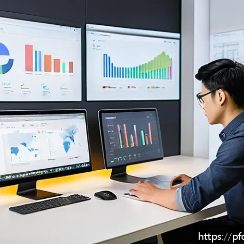 Home 26 포트폴리오 경력 디자인의 성공 사례 분석 - A modern workspace scene showing a young UI/UX designer analyzing data on multiple screens, includin...