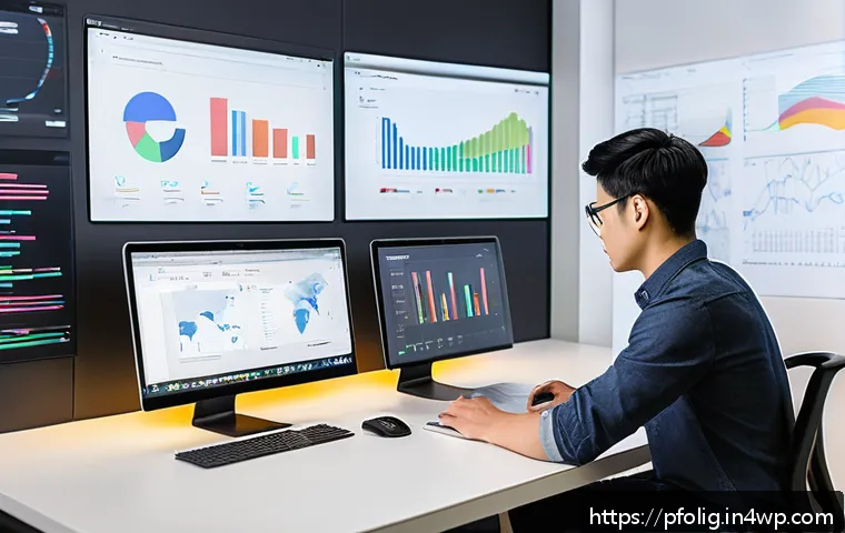 포트폴리오 경력 디자인의 성공 사례 분석 - A modern workspace scene showing a young UI/UX designer analyzing data on multiple screens, includin...