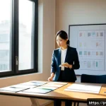 성공적인 포트폴리오 경력 디자인 전략 - Photorealistic career portfolio strategy scene, confident young professional in smart business-casua...
