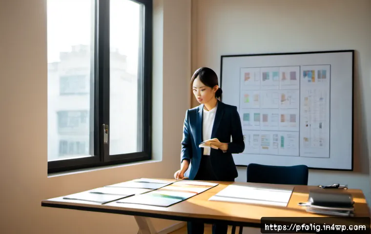 성공적인 포트폴리오 경력 디자인 전략 - Photorealistic career portfolio strategy scene, confident young professional in smart business-casua...
