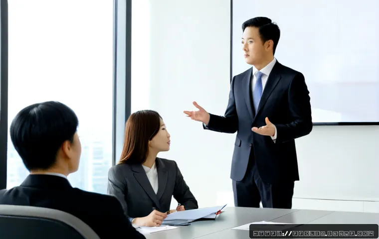 Home 17 포트폴리오 경력 디자인의 효과적인 발표 기술 - Photorealistic corporate presentation scene, confident professional standing beside a large clean sc...