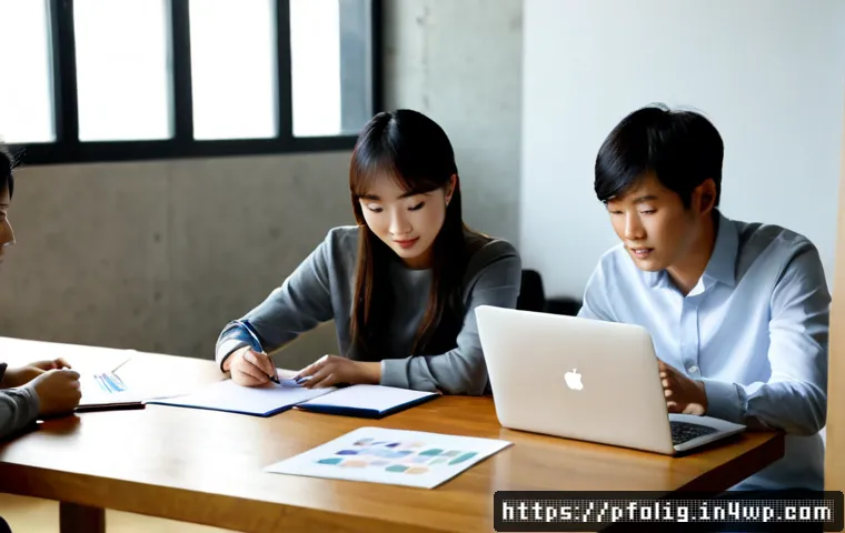 포트폴리오 경력 디자인을 위한 협업 방법 - Photorealistic collaborative portfolio planning session in a bright modern design studio, diverse cr...